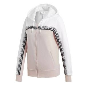 Adidas Tape Full Zip‎ Hoodie Women Small White Pink Sweatshirt Jacket Activewear